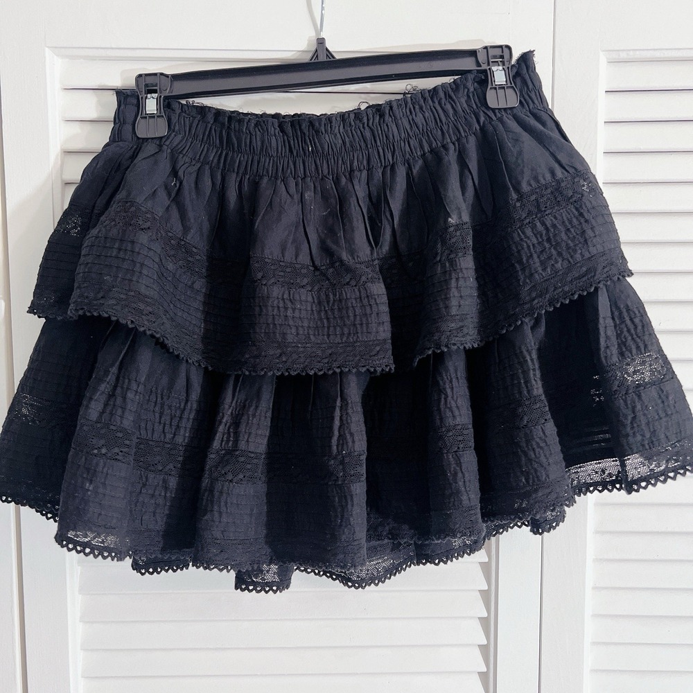 LoveShackFancy Black Tiered Ruffle Cotton Miniskirt Mini Skirt Lace Small - NEW - Picture 3 of 7